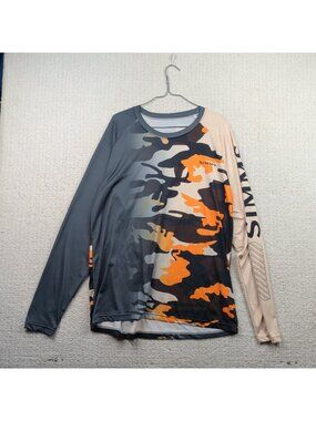 Simms  Long Sleeve Fishing Shirt Mens Orange Camo Performance Cyber Grunge Read
